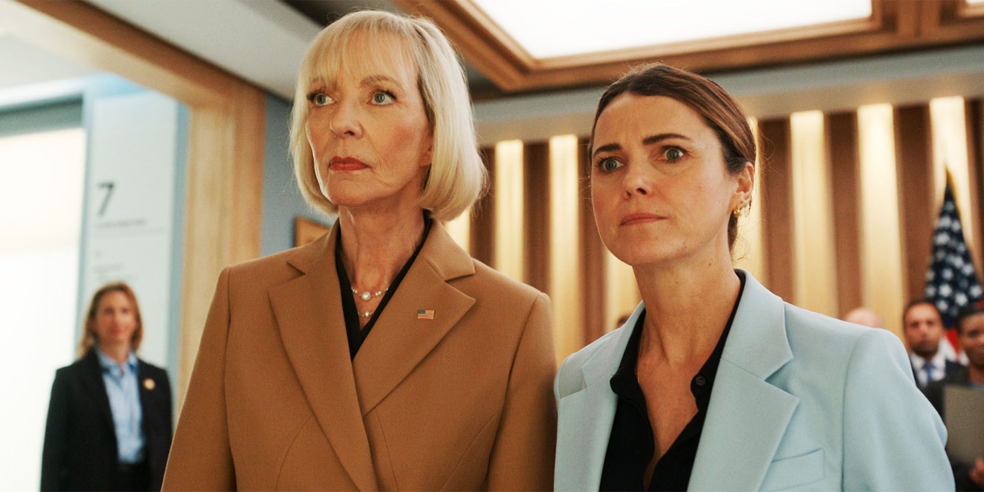 Keri Russell and Allison Janney standing together in The Diplomat