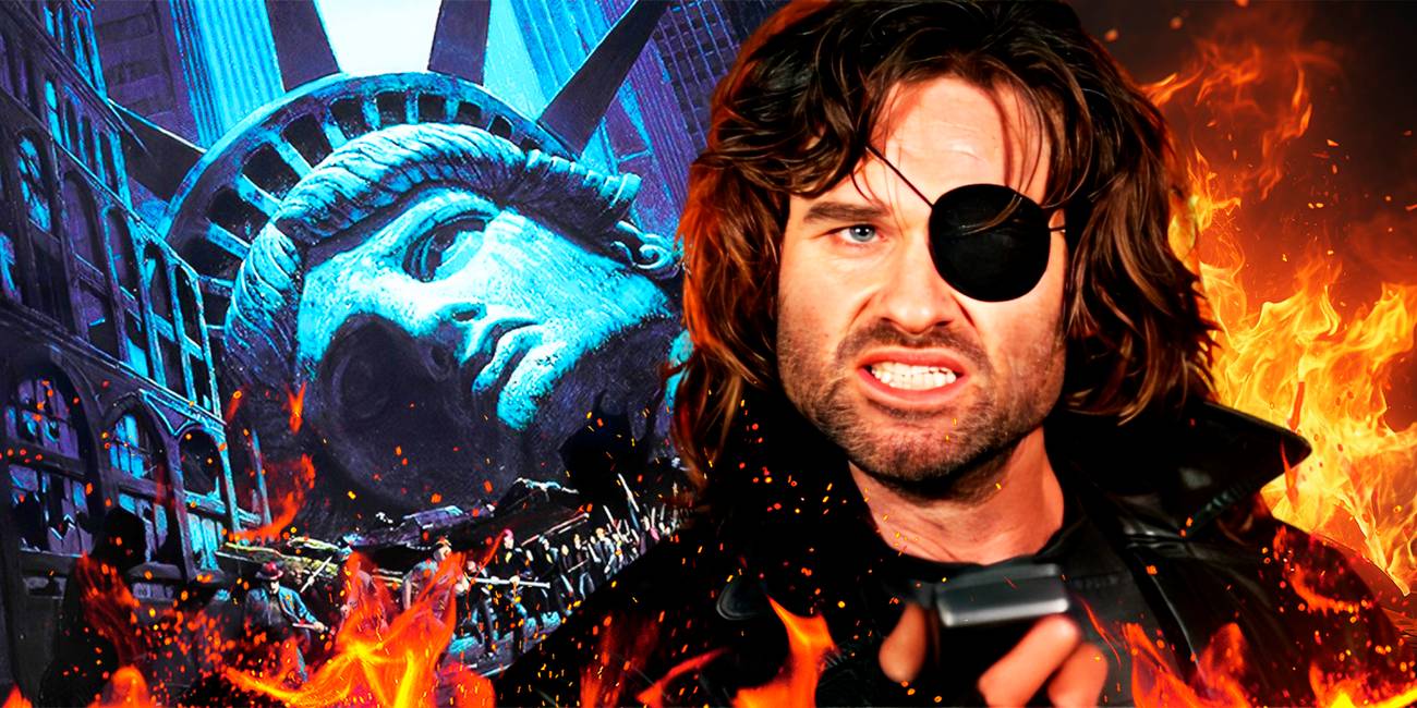 Kurt Russell in Escape From LA with the Statue of Liberty's head seen on Escape from New York's poster