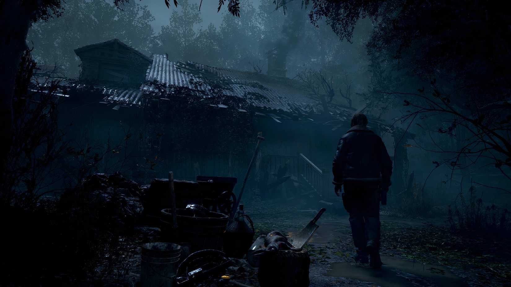 Leon approaching a building in the Resident Evil 4 Remake