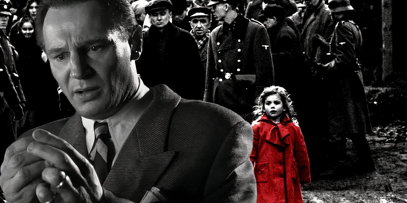 Collage of Liam Neeson in Schindler's List with the girl in the red coat behind him