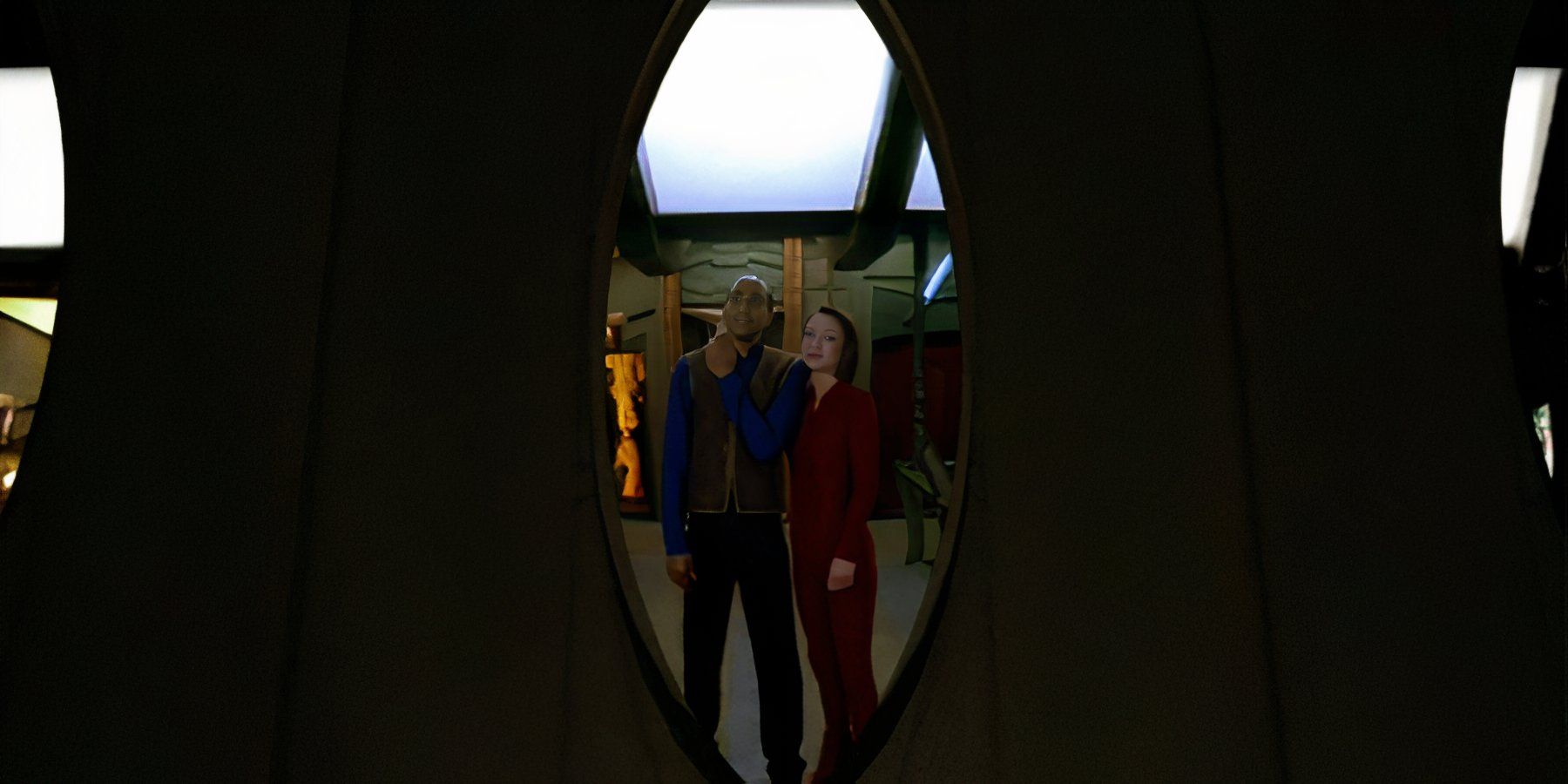 Looking in on Jake Sisko (Cirroc Lofton) and Kira Nerys (Nana Visitor) framed by DS9 window What you leave behind