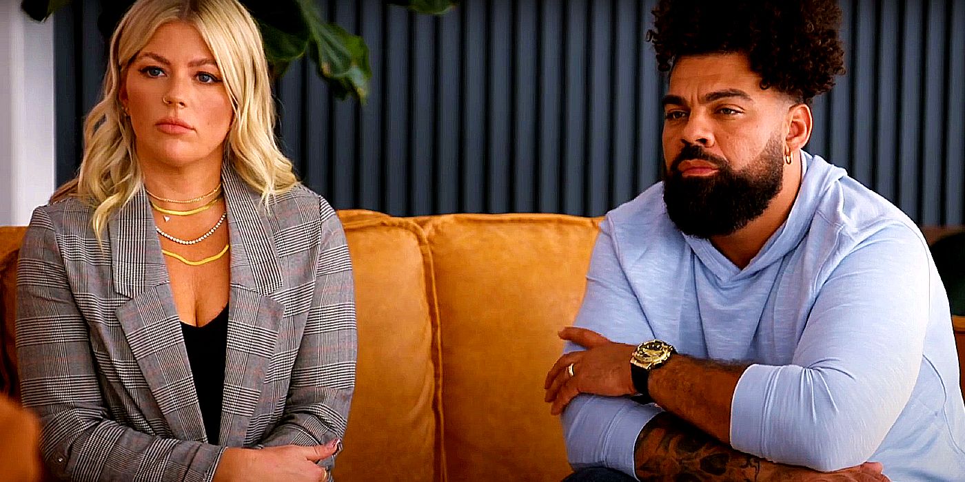 Married At First Sight's Michelle Tomblin and David Trimble look serious while sitting on a couch.