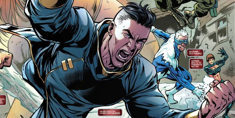 Comic book panel: Major Disaster going into battle as a member tof the Justice League