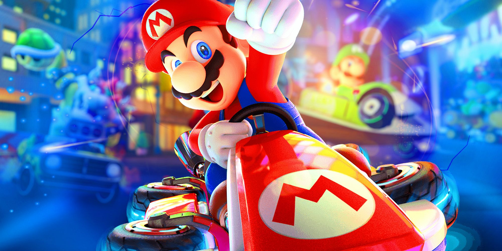 Mario em seu kart de Mario Kart 8 com o punho no ar. Imagens das corridas de Bowser e Luigi estão obscurecidas no fundo.