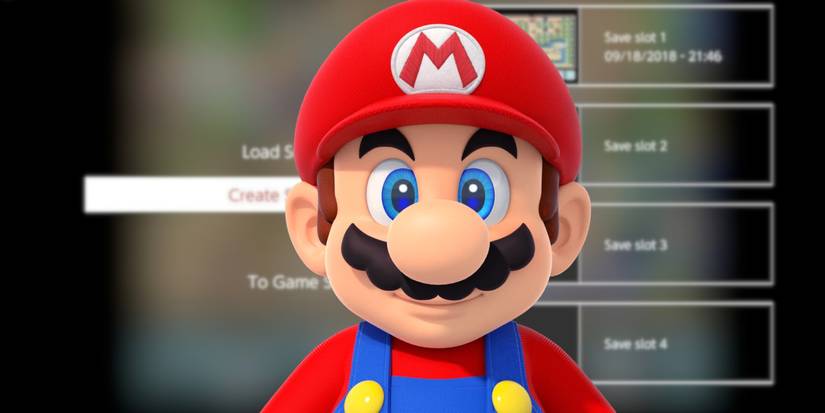 Mario with the save menu from Nintendo Switch Online in the background