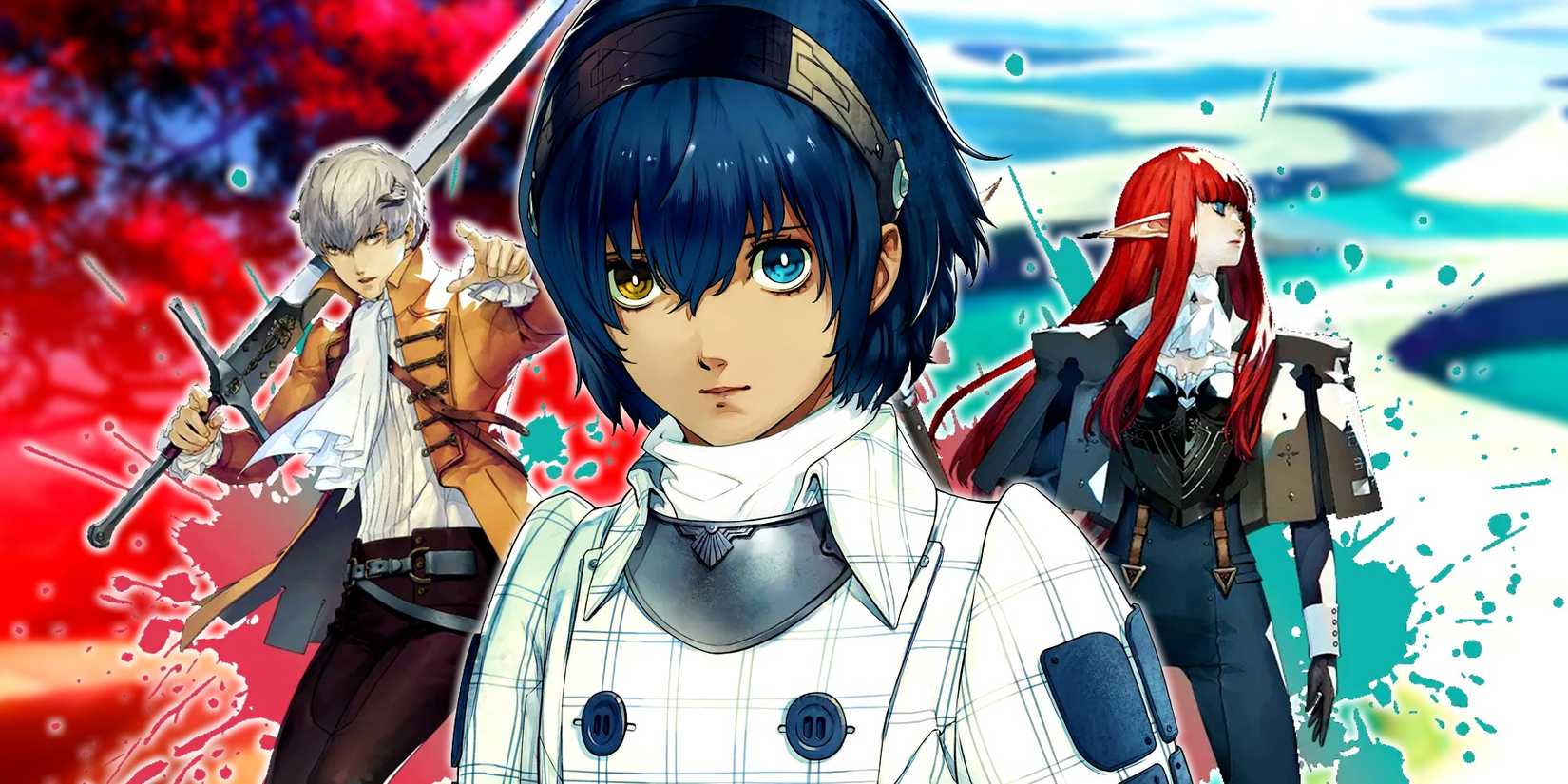 Metaphor refantazio main characters in front of red tree and icy waterway backgrounds