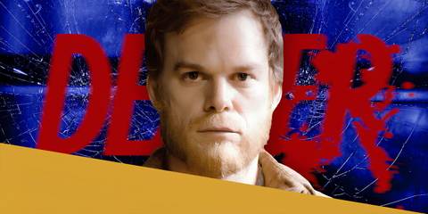 Michael C Hall as Dexter in the season 8 Finale in Front of a Cracked Dexter Logo