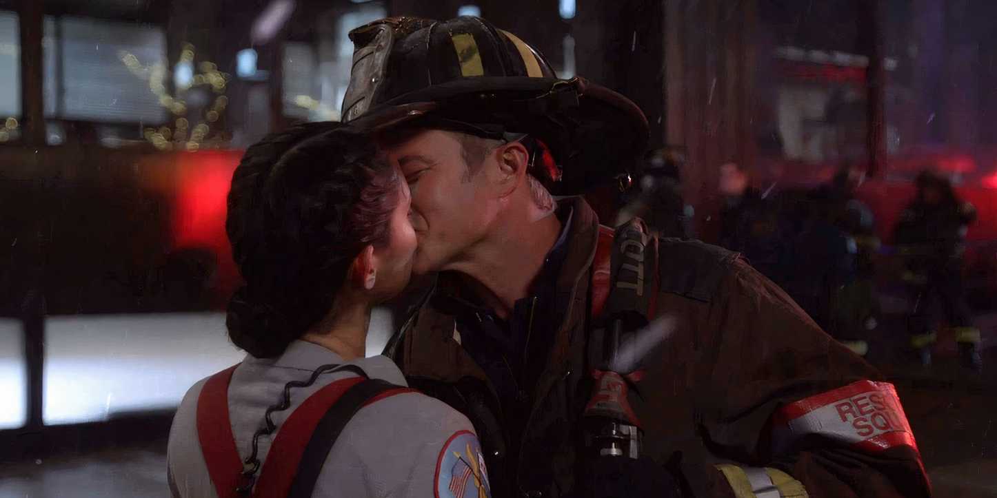 Kidd and Severide kiss in the 2025 One Chicago crossover