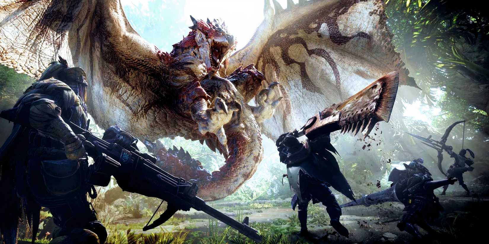 Monster hunter world characters fighting a Rathalos.