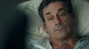 Monty (Jon Hamm) looking weary with a breathing tube in his nose in a hospital bed in Landman season 1, episode 9