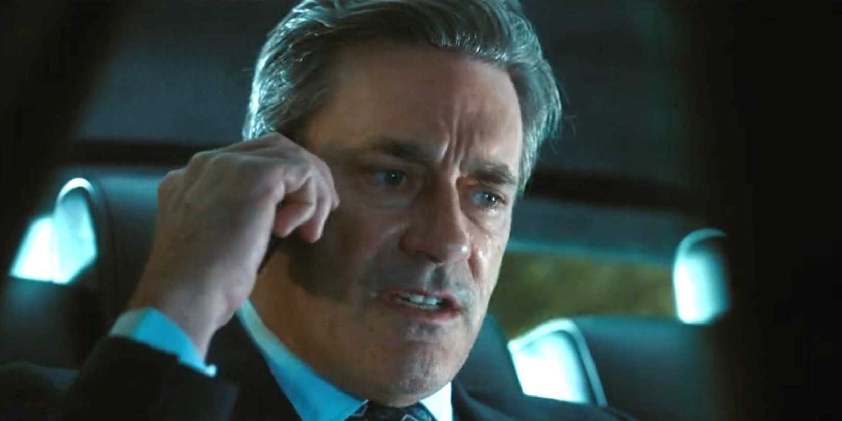 Monty (Jon Hamm) looking outraged on the phone in Landman season 1, episode 8