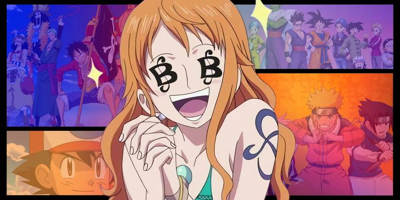 Nami a des symboles d'argent dans les yeux. Derrière elle, on aperçoit des images de nombreux animes populaires, comme Dragon Ball, One Piece, Naruto et Pokémon