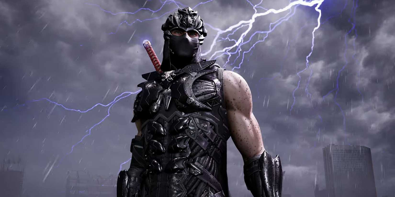Ryu Hayabusa in Ninja Gaiden 4, with a bolt of lightning behind him.