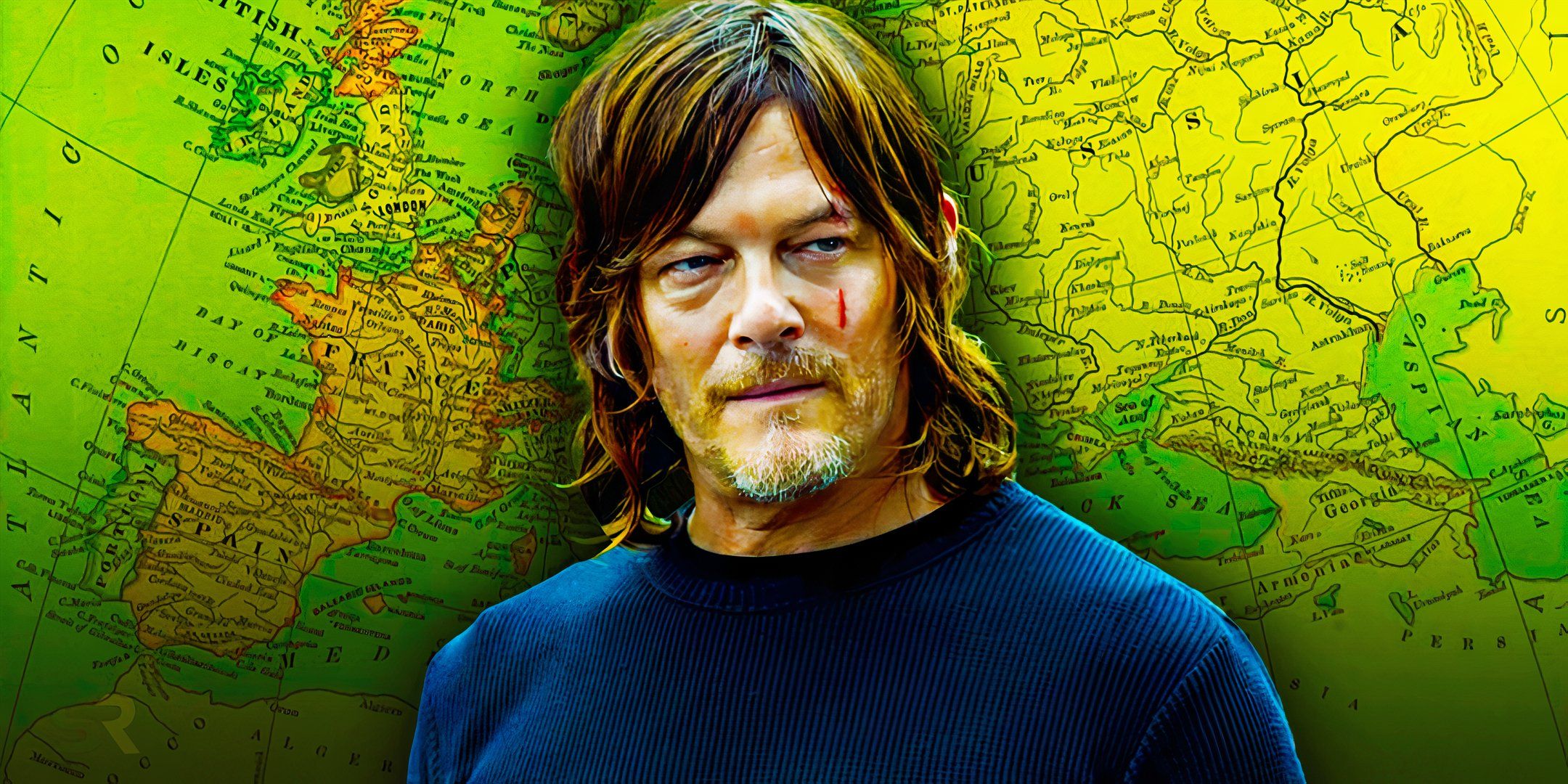 Norman Reedus as Daryl Dixon in front of a map in The Walking Dead: Daryl Dixon