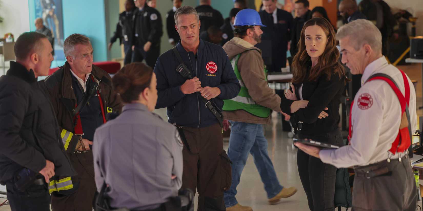 Jason Beghe as Sgt. Hank Voight, David Eigenberg as Christopher Herrmann, Taylor Kinney as Kelly Severide, Marina Squerciati as Officer Kim Burgess, and Dermot Mulroney as Chief Dom Pascal in Chicago Med