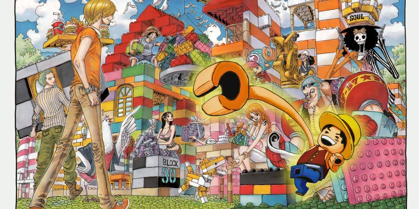 Manga One Piece Chapitre 622 montrant les chapeaux de paille parmi les blocs et Lego Luffy