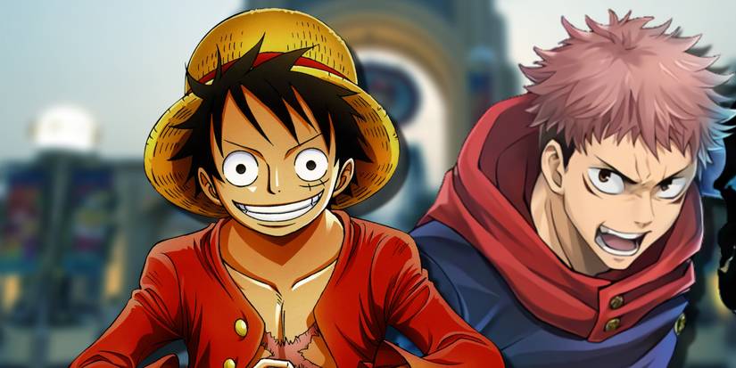 One Piece's Luffy smiling and bringing his fists together while Jujutsu Kaisen's Yuji screams.