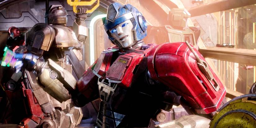 Optimus Prime flexing in the train in Transformers One