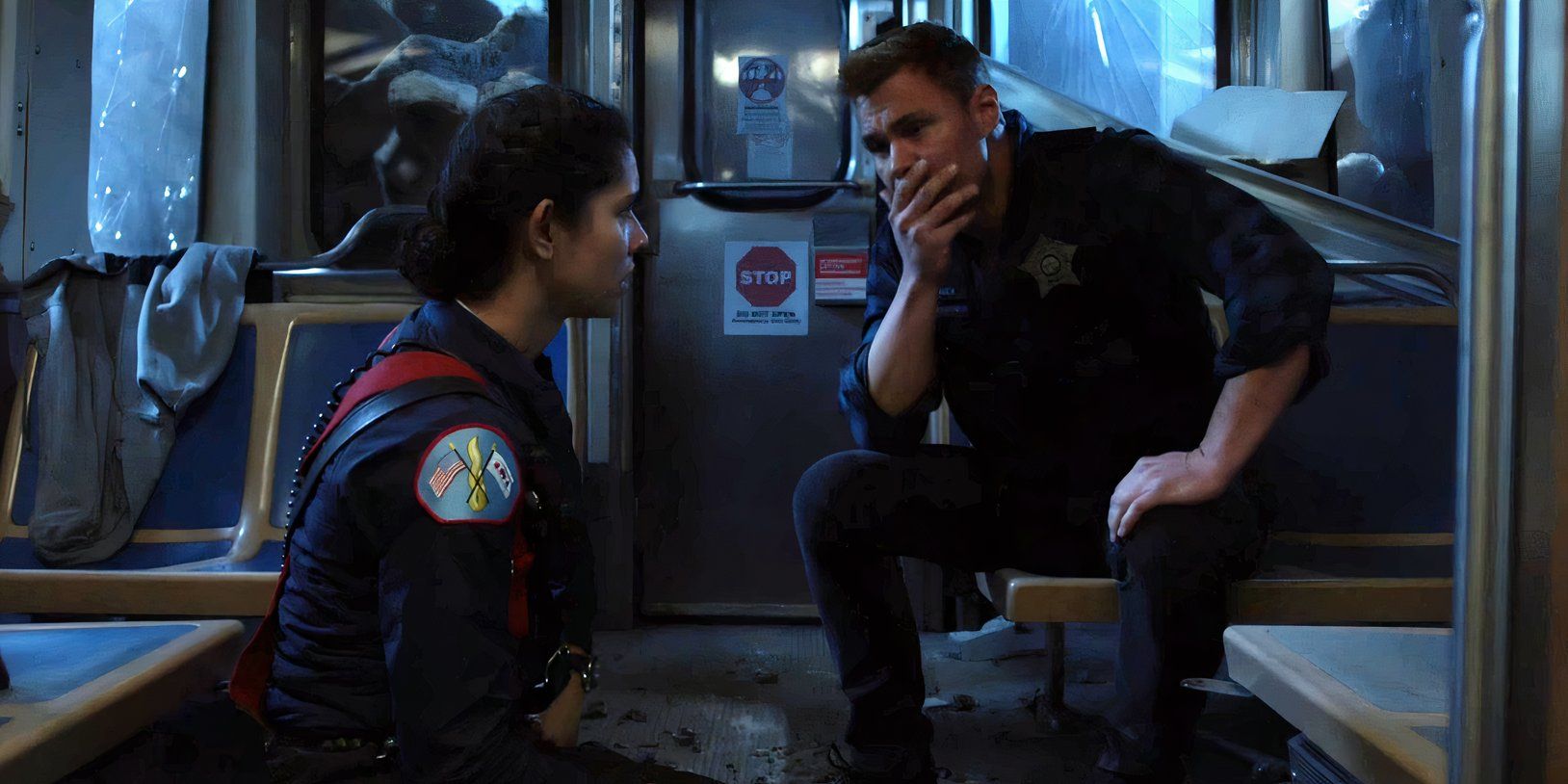 Patrick John Flueger as Ruzek and Miranda Rae Mayo as Kidd in the 2025 One Chicago crossover (4)