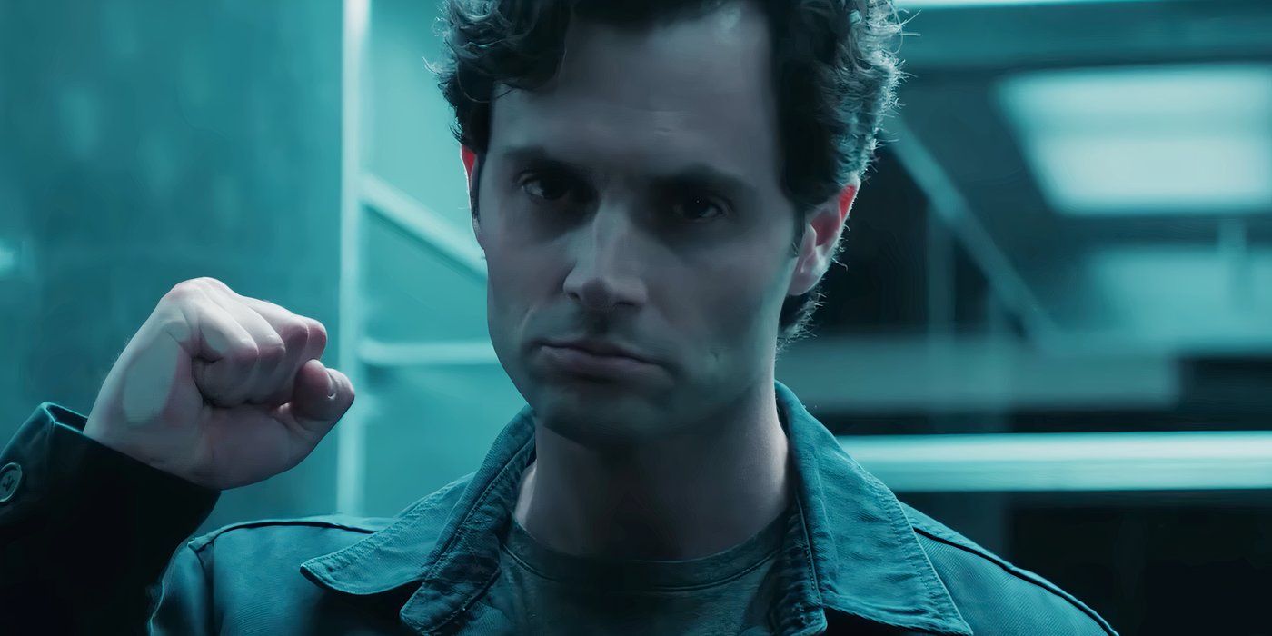 Penn Badgley as Joe Goldberg pounding his fist on a glass cage in You