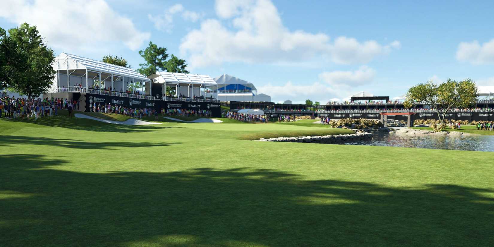 PGA Tour 2k25 Golf Course With Lake and fans.