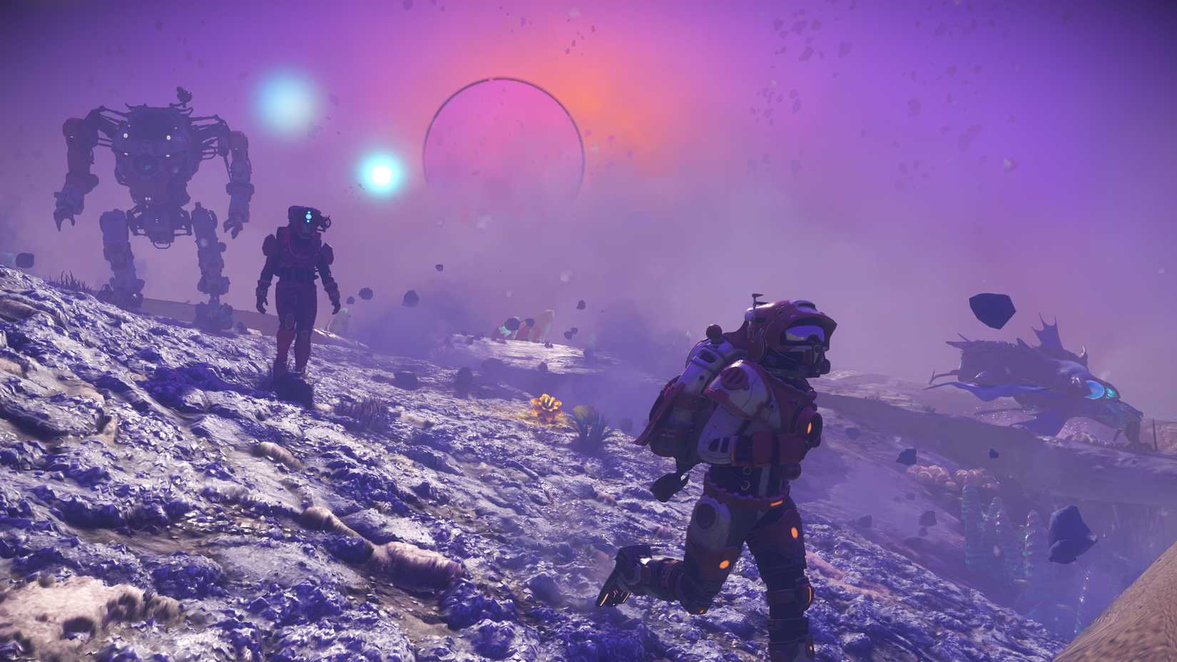Player characters and a large, humanoid robot exploring the hazy purple atmosphere of a gas giant in the No Man's Sky Worlds Part 2 update.