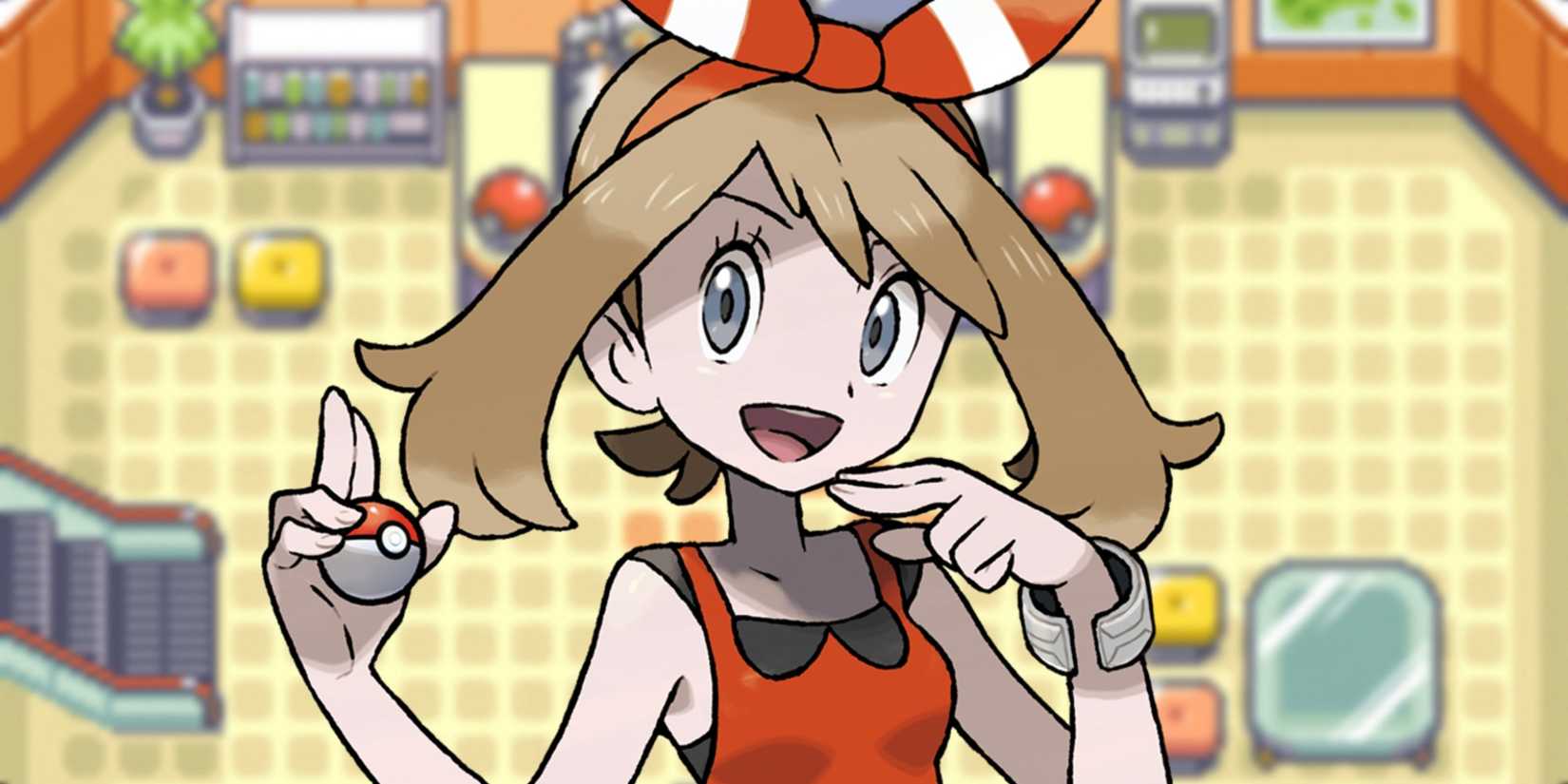 Pokémon's May in front of a classic Pokémon Center screen from Pokémon Ruby, Sapphire and Emerald.