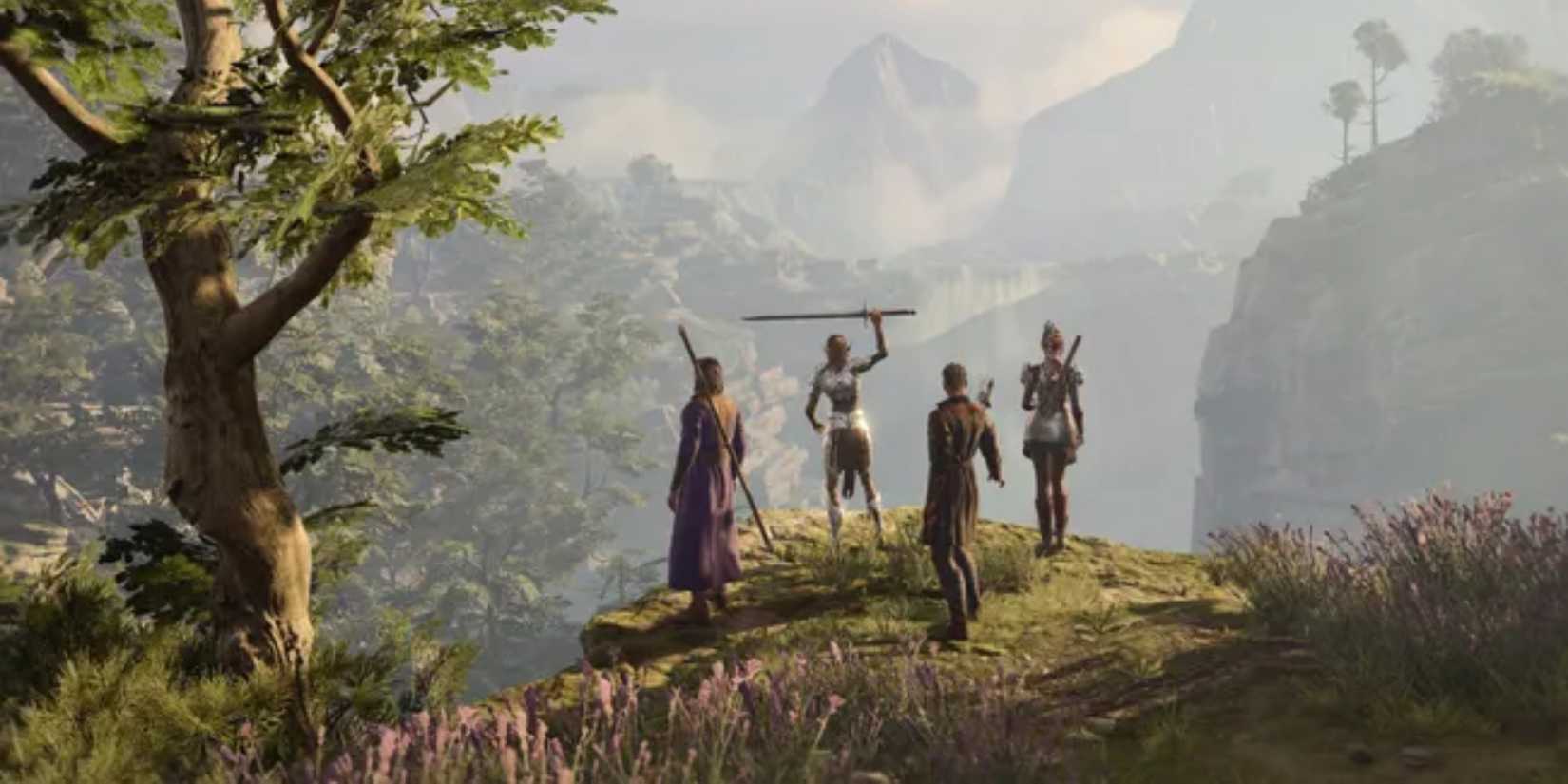 A collection of characters from Baldur's Gate 3 standing on the edge of a cliff.