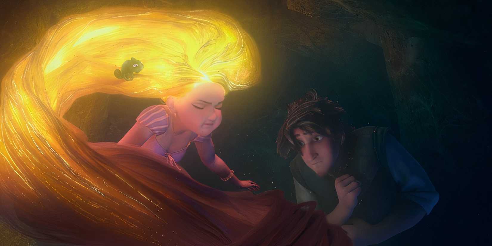 Rapunzel's hair glows in the water in Tangled. 