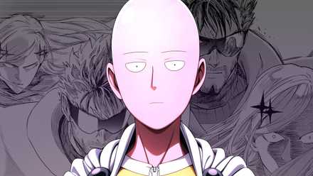 Saitama looking bored while wearing his hero costume. Behind him, panels of the latest redraw can be seen.