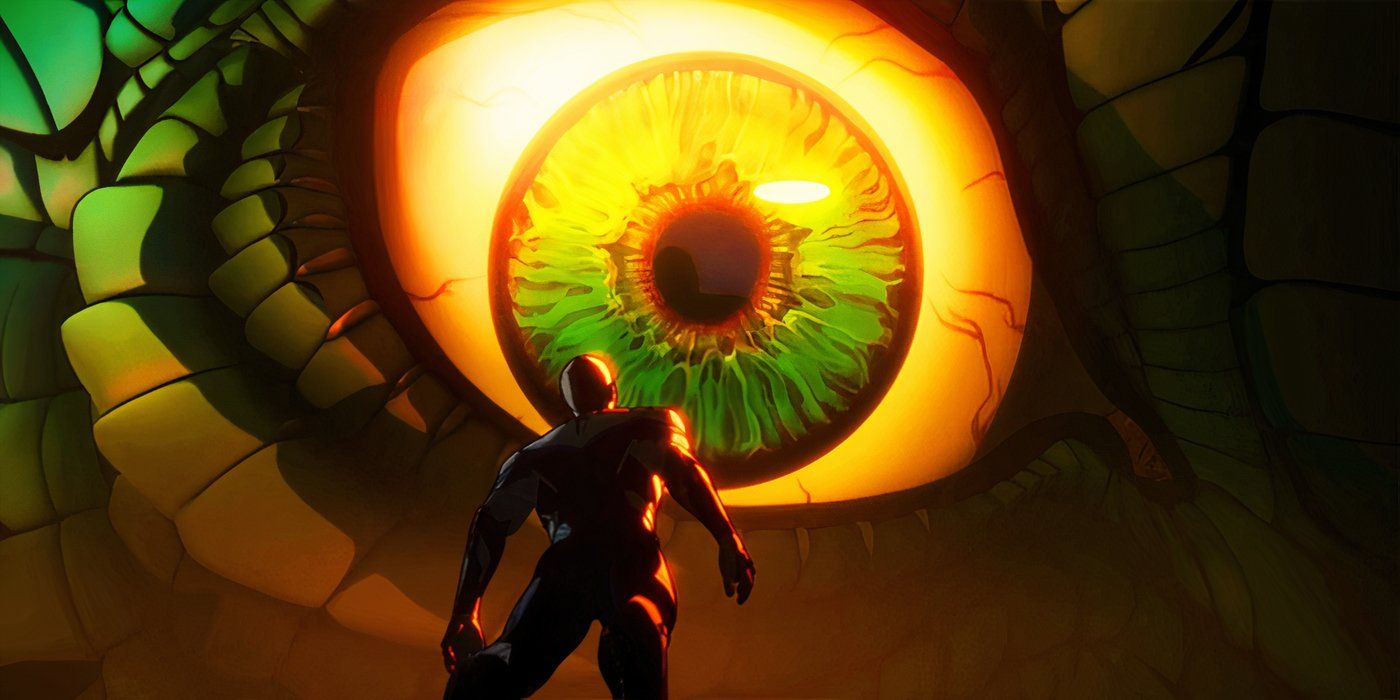 Sam Wilson looking in Bruce Banner's giant eye in What If...? season 3