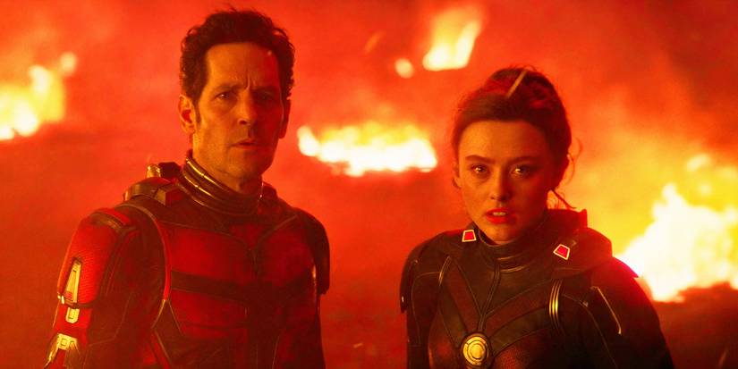 Scott Lang and Cassie Lang in the Quantum Realm surrounded by fire in Ant-Man and the Wasp Quantumania