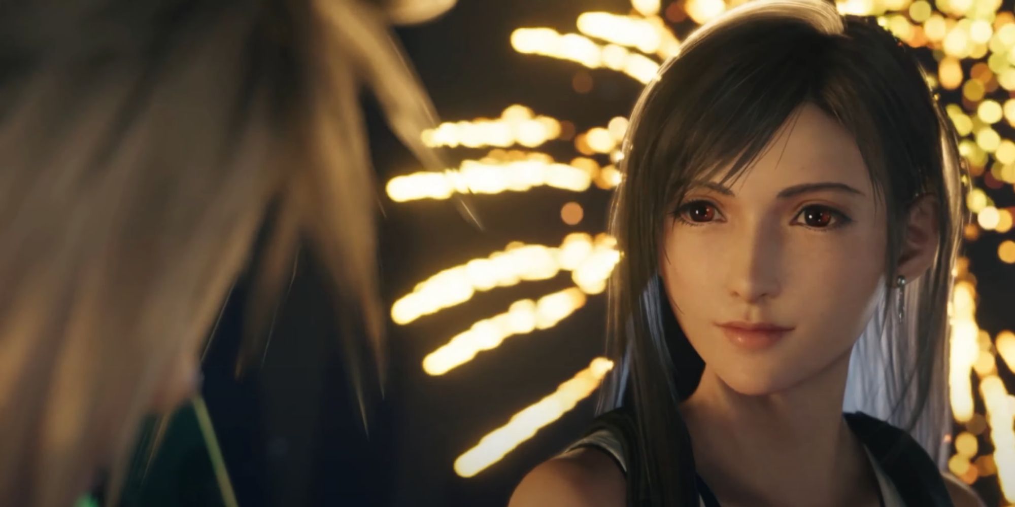 Tifa looking at Cloud on their Golden Saucer outing in Final Fantasy 7 Rebirth.