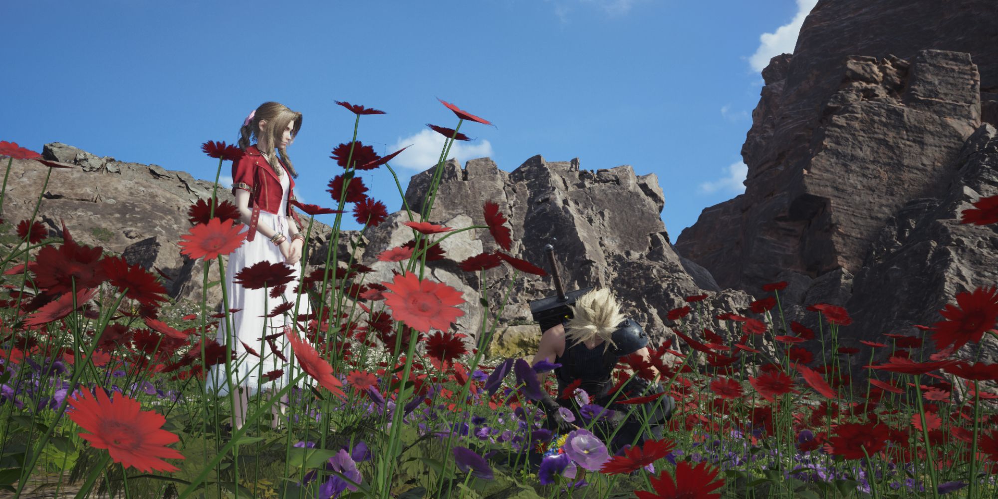 Cloud picking flowers with Aerith in FF7 Rebirth