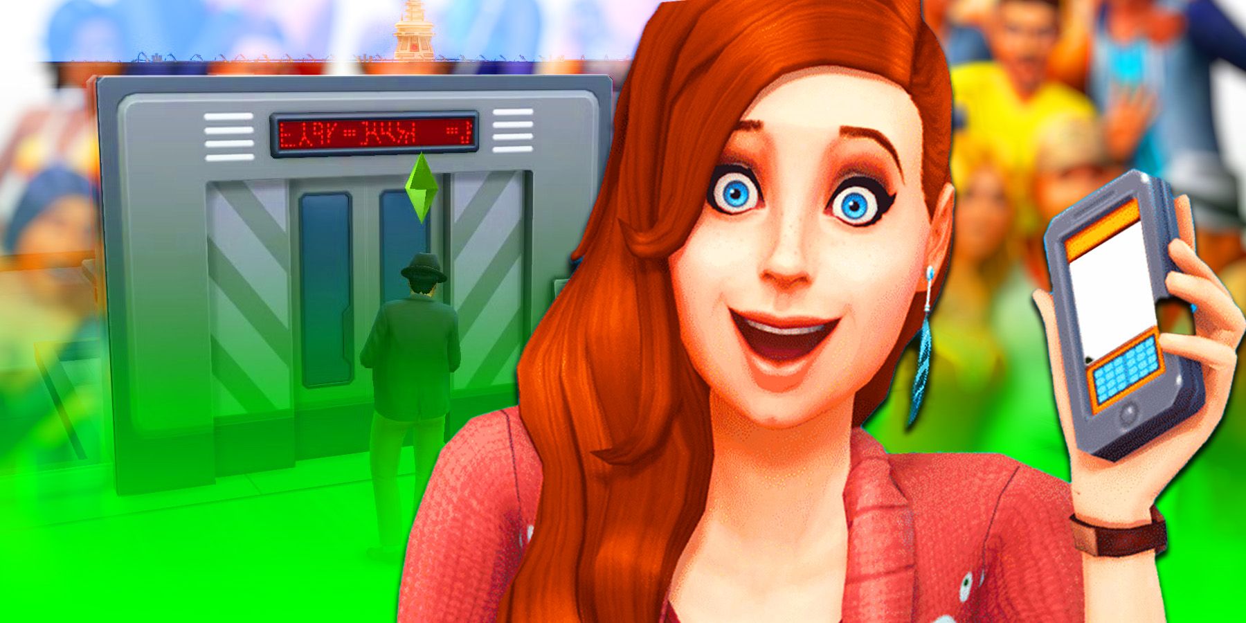 Sims looking happy from Sims 4 with imagery from a pack
