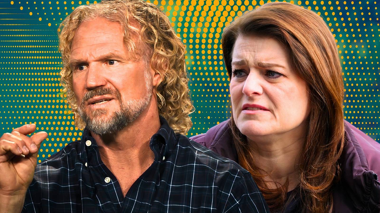 sister wives stars Kody Brown and Robyn Brown looking intense with green and yellow dot background