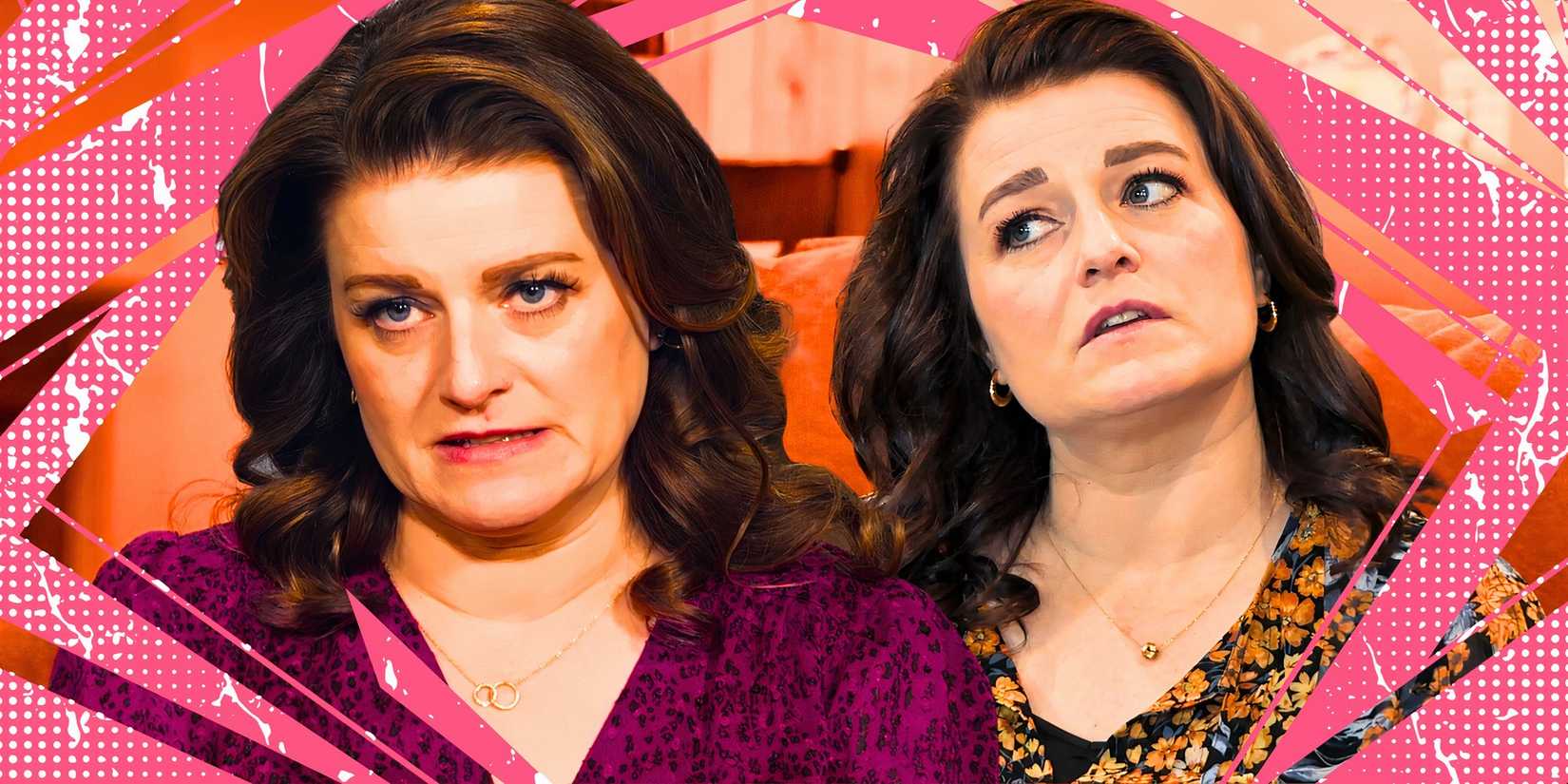 Sister Wives montage of Robyn Brown looking worried and upset with pink background