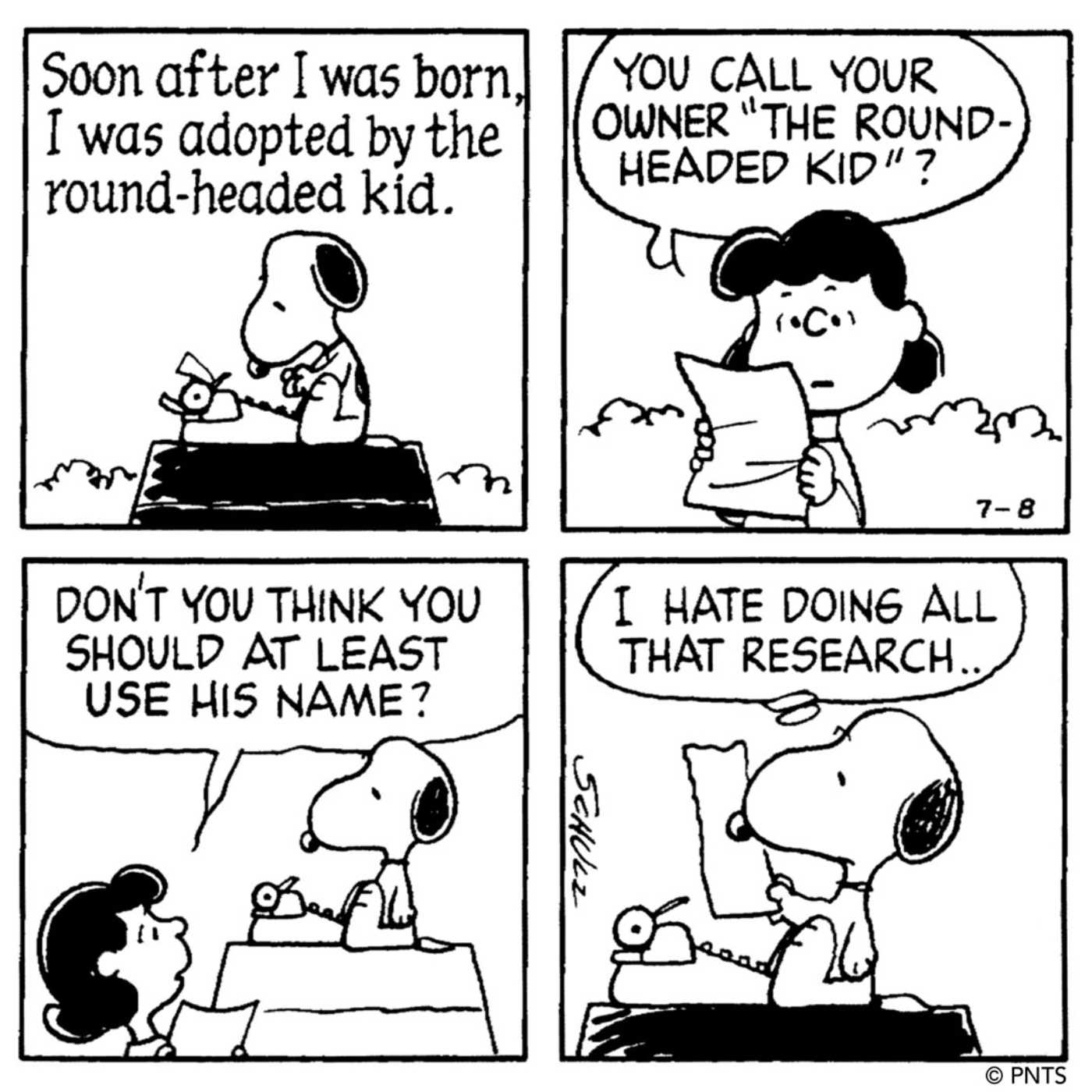Snoopy writing his memoir, and letting Lucy read a rough draft.