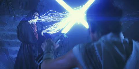 Rey deflecting Palpatine's lightning with two lightsabers.