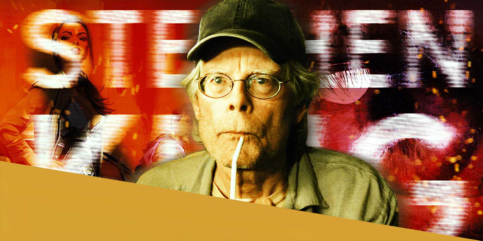Stephen King in center and elements of cover art from his novels Later and Insomnia