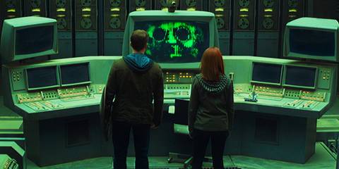 Steve Rogers and Natasha Romanoff speaking to Arnim Zola in Captain America The Winter Soldier