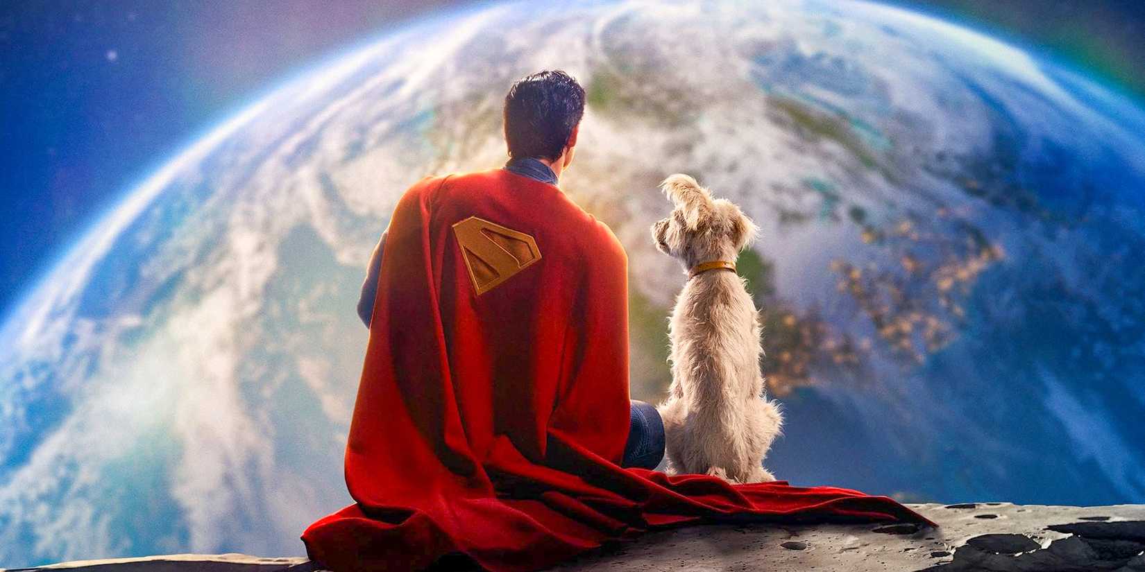 Superman e Krypto sentados na lua, olhando para a Terra em Superman (2025)