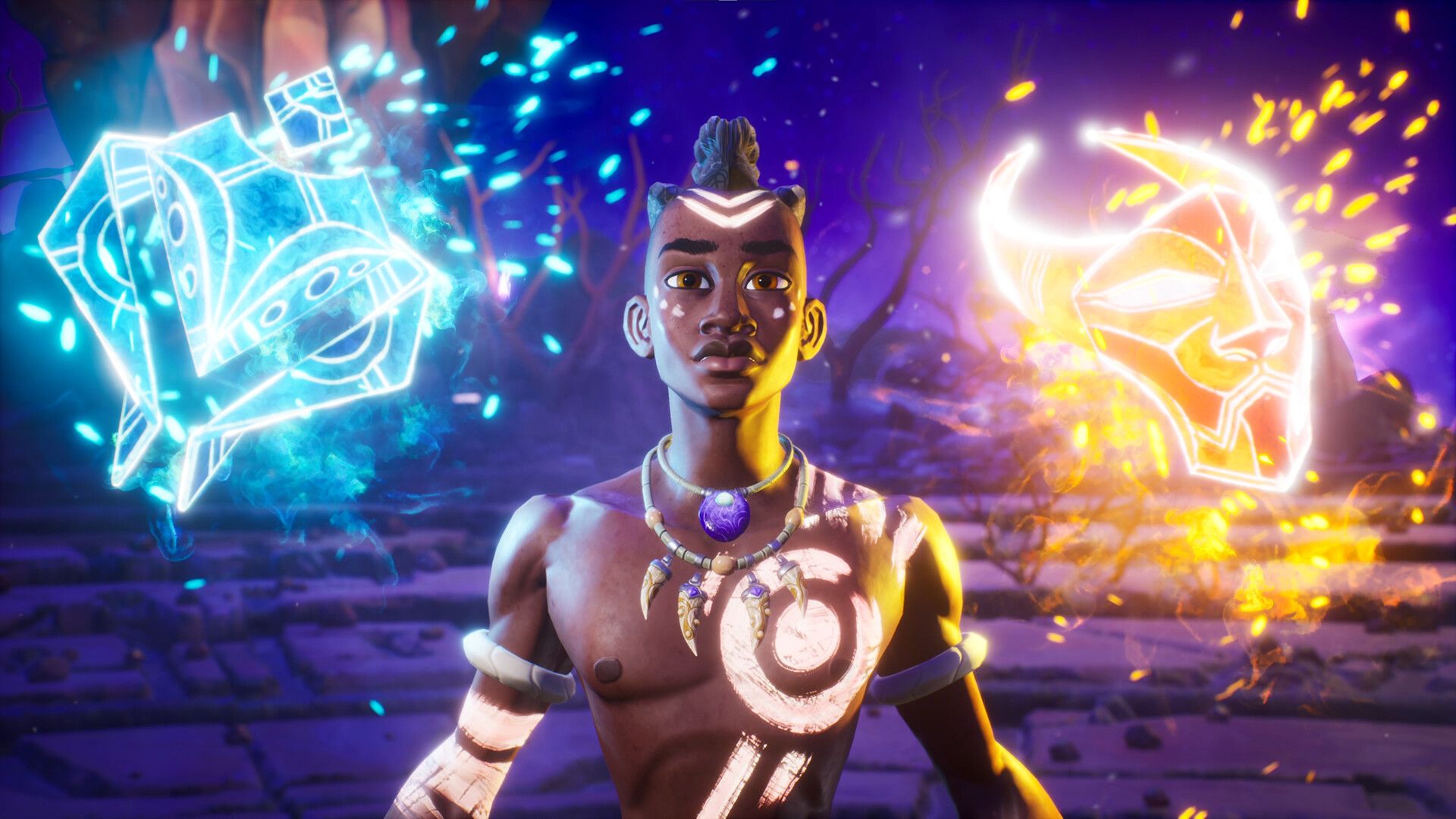 Screenshot di Tales of Kenzera Zau con personaggi mascherati