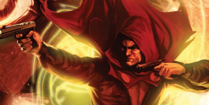 Parker Robbins aka the Hood wields two guns in front of a portal