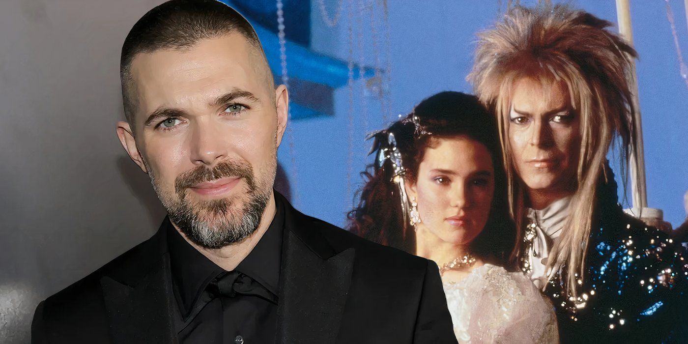 A composite image of Robert Eggers in front of Jareth and Sara from The Labyrinth 