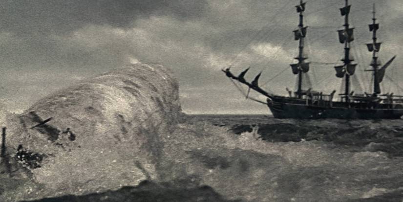 The whale approaches the ship in Moby Dick