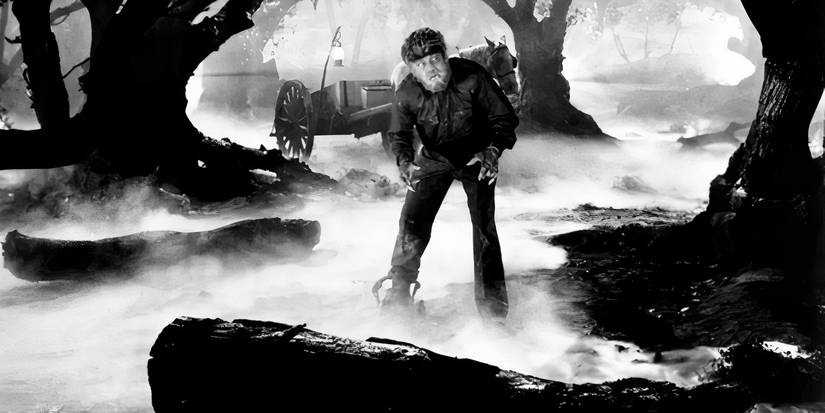 O Lobisomem em uma paisagem nebulosa em O Lobisomem de 1941