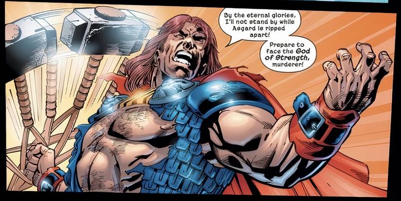 Thor's son, Magni, swinging his hammer around while threatening an unseen enemy.