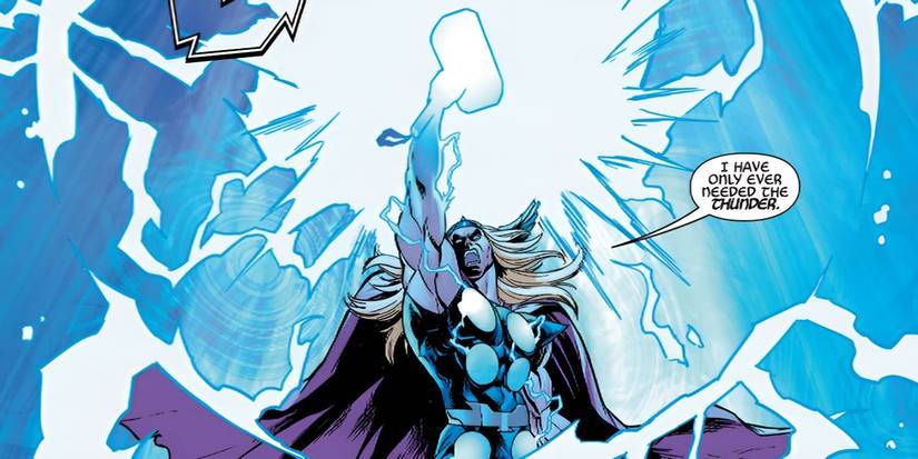 Comic book panel: Thor summons lightning with Mjolnir