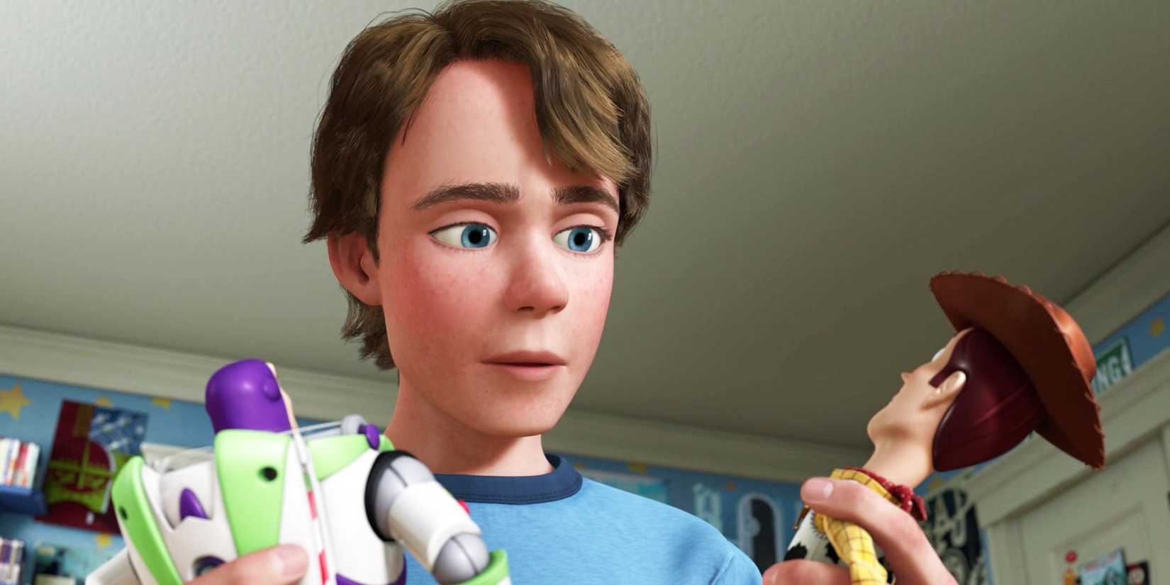 Toy Story 3 old Andy holding Buzz and Woody